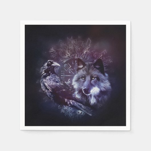 Raven and Wolf - Vegvisr and Tree of life スタンダードカクテルナプキン (正面)