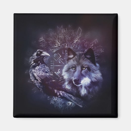 Raven and Wolf - Vegvisr and Tree of life マグネット (正面)