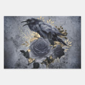 Raven Bird Gold Blue/Black Rose Whimsical ラッピングペーパーシート (正面2)