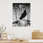 Raven (black bird) in woods with Moon and stars ポスター (キッチン)
