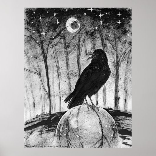 Raven (black bird) in woods with Moon and stars ポスター (正面)