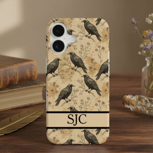 Raven & Botanical Phone Case – Vintage Style iPhone 16ケース