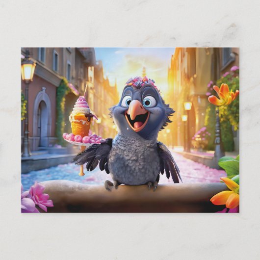 Raven Enjoying Ice Cream In Sunny City ポストカード (正面)