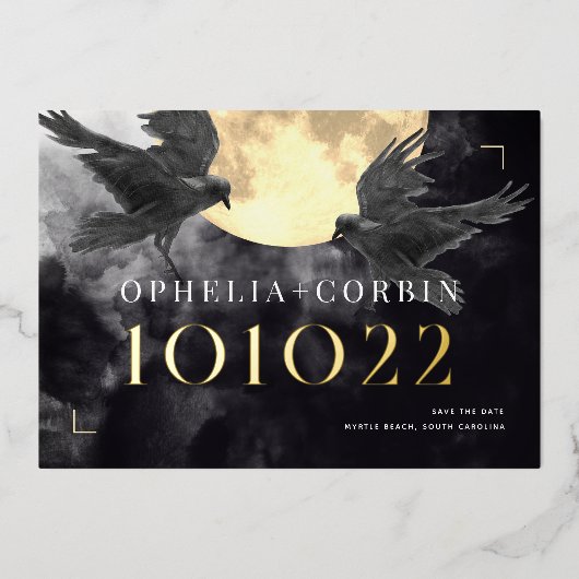 Raven & Golden Moon Gothic Wedding Save the Date 箔招待状 (正面)