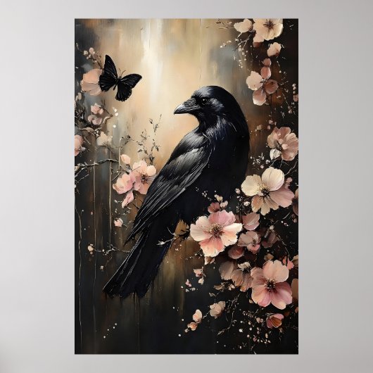 Raven In Moody Flower Forest Printable, Crow ポスター (正面)