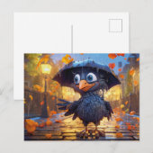 Raven In Rainy Autumn Street With Umbrella ポストカード (正面/裏面)