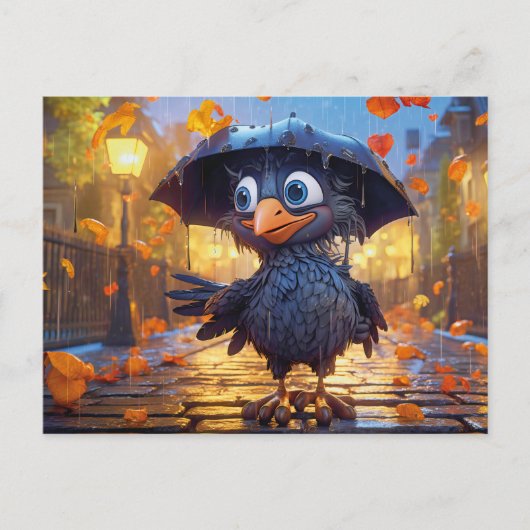 Raven In Rainy Autumn Street With Umbrella ポストカード (正面)