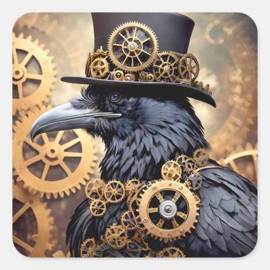 Raven in Top Hat Steampunk Art スクエアシール (正面)