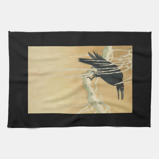 Raven on a tree branch冬のヴィンテージイラストレーション キッチンタオル (横)