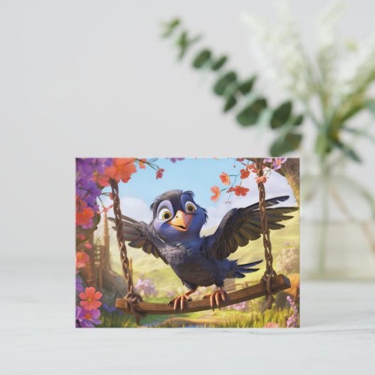 Raven Overlooking Spring Landscape With Flowers ポストカード (スタンド正面)