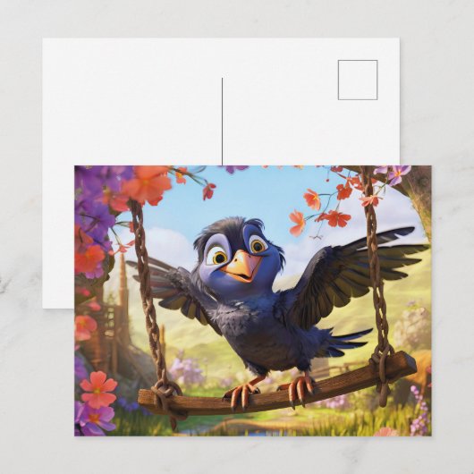 Raven Overlooking Spring Landscape With Flowers ポストカード (正面/裏面)