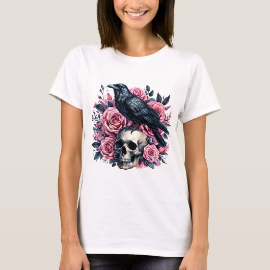 Raven & Pink Roses – Gothic Skull Watercolor Tシャツ (正面)