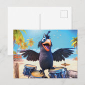 Raven Playing Drums On Tropical Beach ポストカード (正面/裏面)