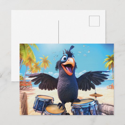Raven Playing Drums On Tropical Beach ポストカード (正面/裏面)