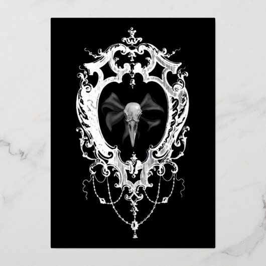 Raven Skull Silver Frame Goth Wedding 箔招待状 (正面)