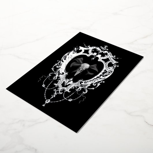Raven Skull Silver Frame Goth Wedding 箔招待状 (回転した状態)