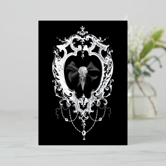 Raven Skull Silver Frame Goth Wedding 箔招待状 (立ち正面)