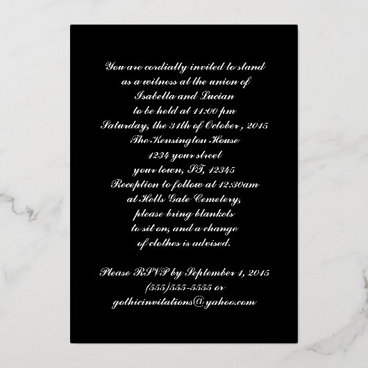 Raven Skull Silver Frame Goth Wedding 箔招待状 (裏面)