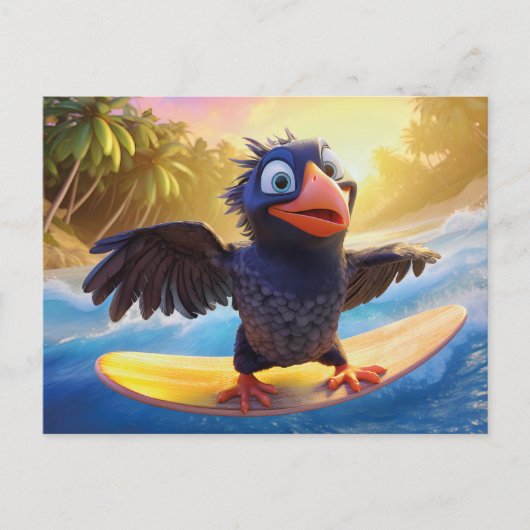 Raven Surfing In Tropical Paradise With Palm Trees ポストカード (正面)