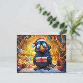 Raven With Santa Hat And Gift In Festive Scene ポストカード (スタンド正面)