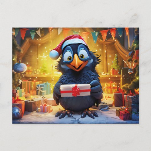 Raven With Santa Hat And Gift In Festive Scene ポストカード (正面)