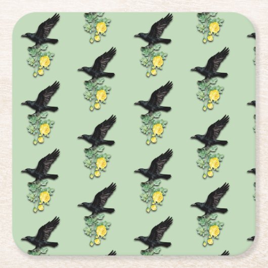 Raven with Yellow Rose スクエアペーパーコースター (正面)