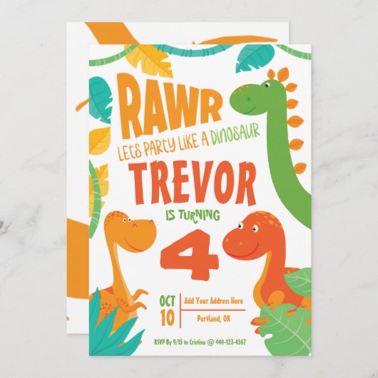 Rawrはパーティーを恐竜のようにレットパーソナライズされた- 招待状 (正面/裏面)