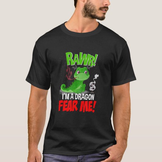 Rawrドラゴンファンタジーの生き物かわいいアート Tシャツ (正面)