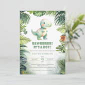 Rawr恐竜の緑の赤ちゃんシャワー 招待状 (スタンド正面)