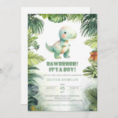 Rawr恐竜の緑の赤ちゃんシャワー 招待状 (正面/裏面)