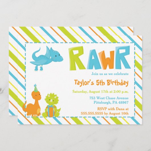RAWR恐竜の誕生日パーティーへの招待 招待状 (正面/裏面)