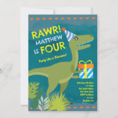 Rawr 僕は4歳 恐竜男子 誕生日パーティー招待状 招待状 (正面)