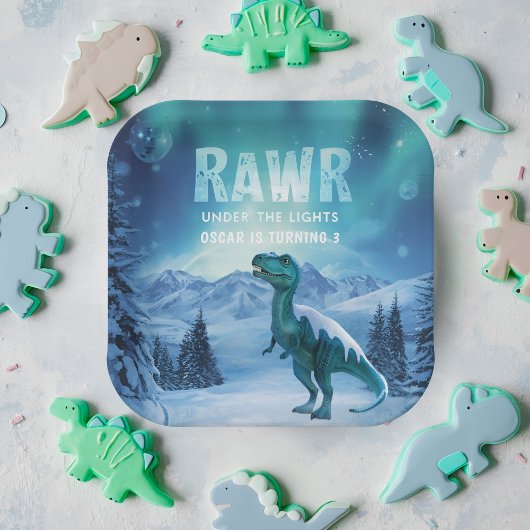 RAWR 北極光の下の恐竜 冬の誕生日 ペーパープレート