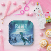 RAWR 北極光の下の恐竜 冬の誕生日 ペーパープレート (パーティー)