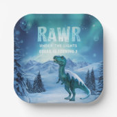 RAWR 北極光の下の恐竜 冬の誕生日 ペーパープレート (正面)