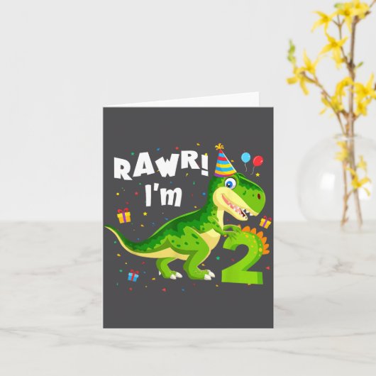 Rawr I'm 2 2nd Birthday T Rex Dinosaur Funny Party カード (黄色い花)