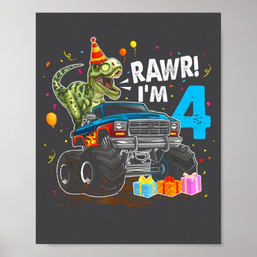 Rawr I'm 4 4th Birthday T Rex Dinosaur Funny Party ポスター (正面)