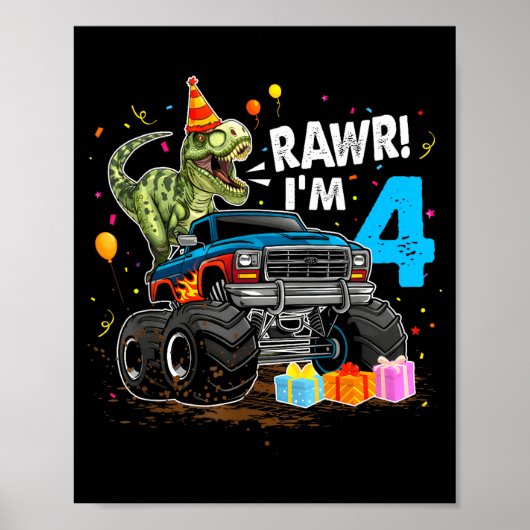 Rawr I'm 4 4th Birthday T Rex Dinosaur Funny Party ポスター (正面)