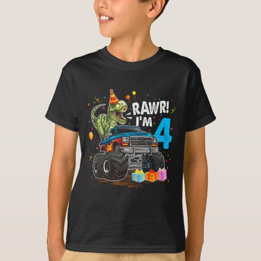 Rawr I'm 4 4th Birthday T Rex Dinosaur Funny Party Tシャツ (正面)