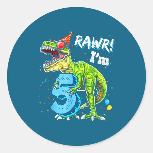 Rawr I'm 5 5th Birthday T Rex Dinosaur Funny Party ラウンドシール (正面)