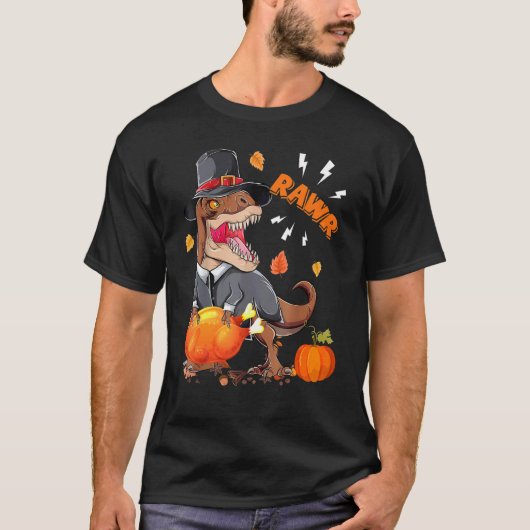 Rawr Pilgrim Rex With Turkey Fall Vibes Happy Than Tシャツ (正面)