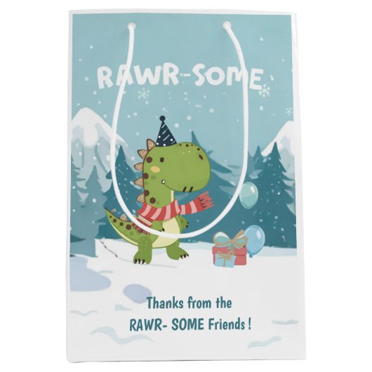 RAWR-Some 恐竜 冬の誕生日 ミディアムペーパーバッグ (正面)