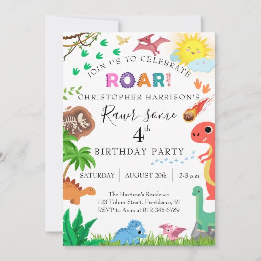 Rawr-some Dinosaur 4th Birthday Party 招待状 (正面)