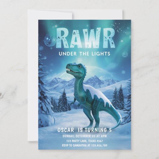 RAWR Under the Lights恐竜の冬の誕生日 招待状 (正面)