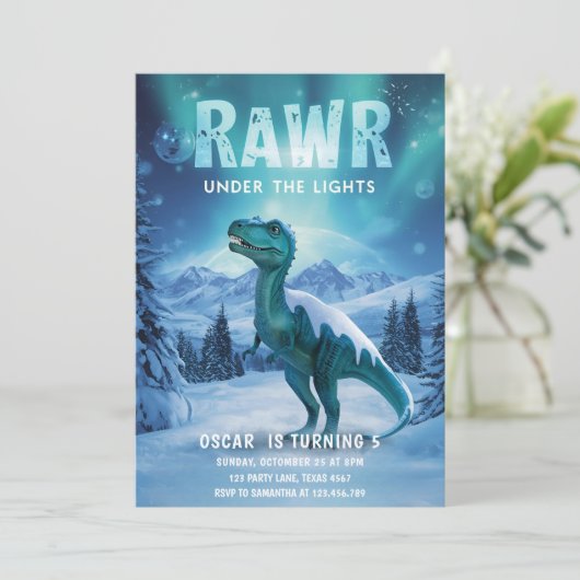 RAWR Under the Lights恐竜の冬の誕生日 招待状 (スタンド正面)