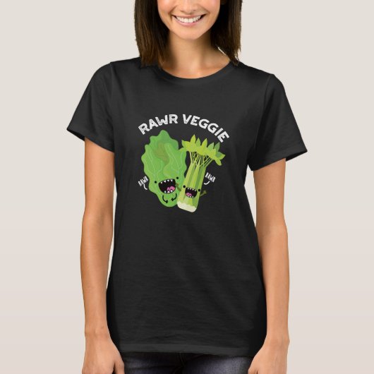 Rawr Veggie おもしろい Food Pun Dark BG Tシャツ (正面)
