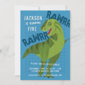 RAWRR恐竜Tレックス少年青誕生日パーティー 招待状 (正面)