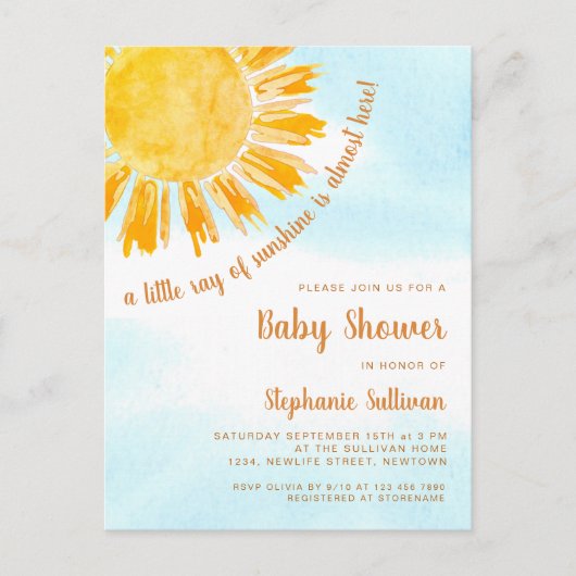 Ray of Sunshineベビーシャワー招待状はがき インビテーションポストカード (正面)