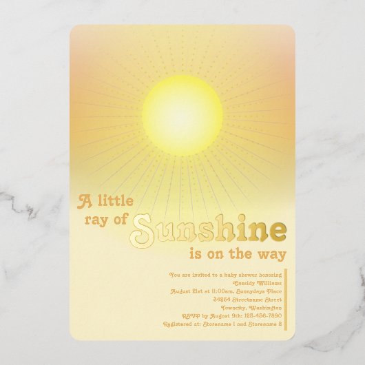 Ray of Sunshine金ゴールドサンベビーシャワー 箔招待状 (正面)