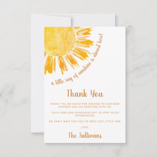 Ray of Sunshine Boho Baby Shower サンキューカード (正面)